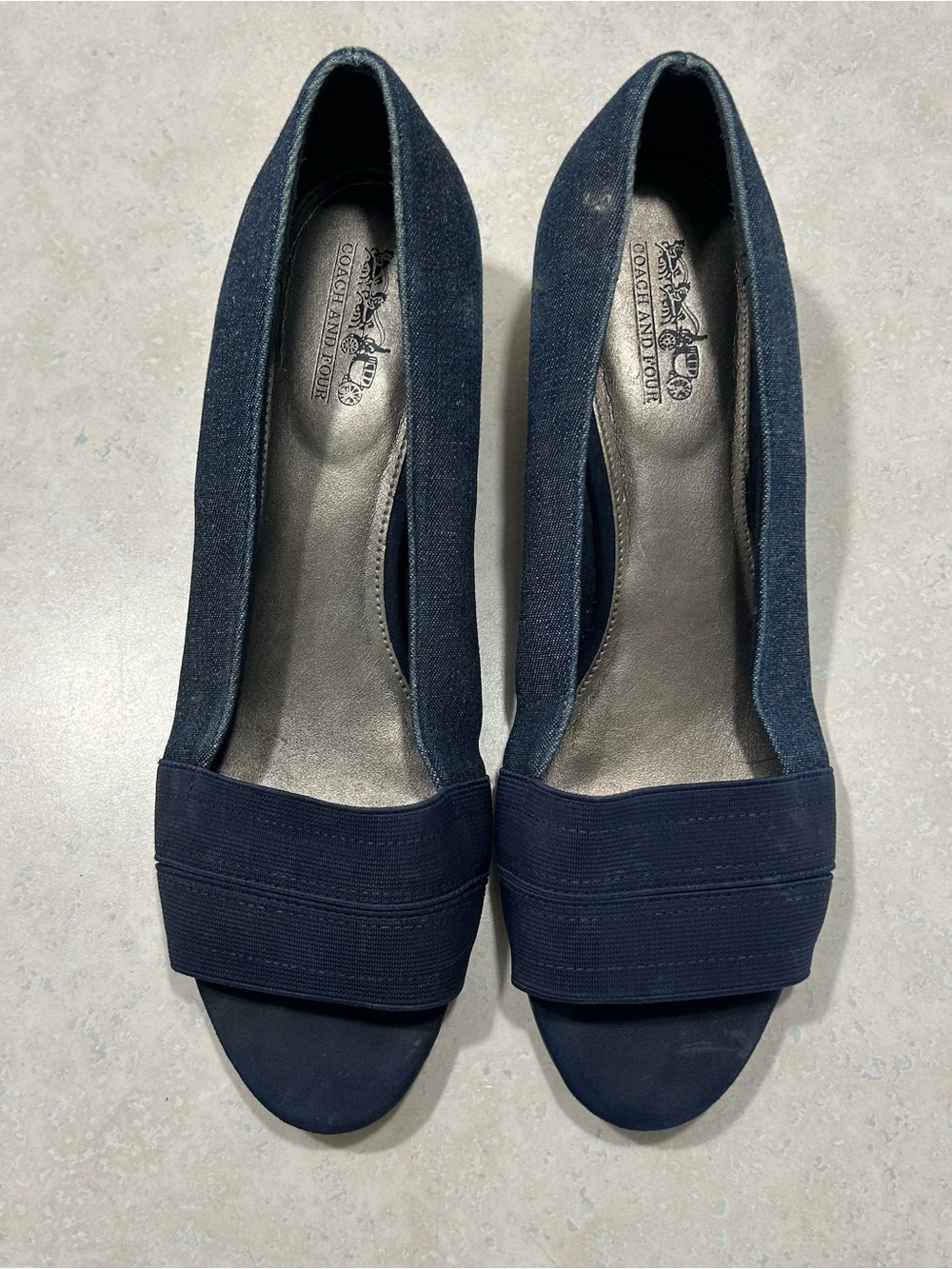 Coach Navy Open-Toe Wedge Pumps